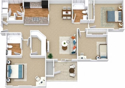 Three Bedroom Two Bathroom Floorplan | 1,332 Sq. Ft. at Austin Chase Apartments, Macon, GA 31210